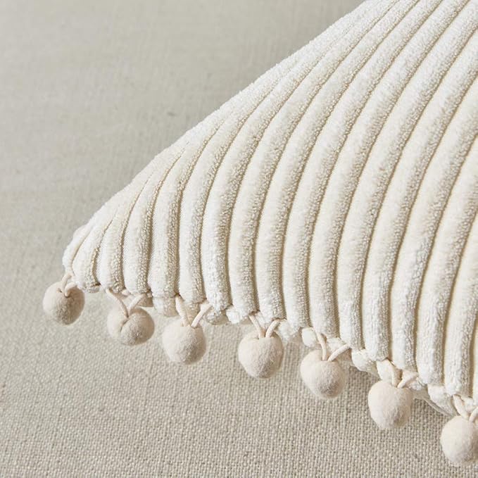 Fancy Homi Pack of 2 Boho Decorative Throw Pillow Covers with Pom-poms, Soft Corduroy Accent Solid Square Cushion Case Set for Couch Sofa Bedroom Car Living Room (16x16 Inch/40x40 cm, Cream)