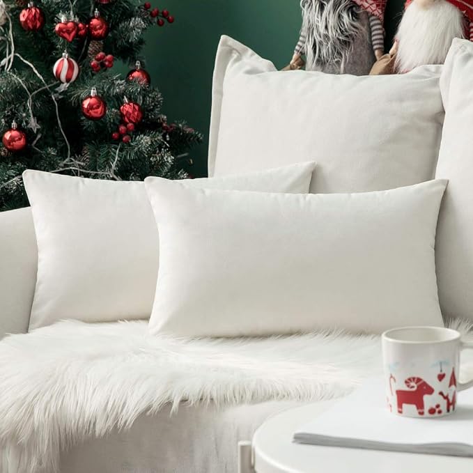 MIULEE 12x20 Inch Lumbar Velvet Throw Pillow Covers Pure White | Pack of 2 Soft Solid Decorative Pillow Covers, Modern Luxury Home Decor, for Chair Couch Sofa Bedroom Livingroom