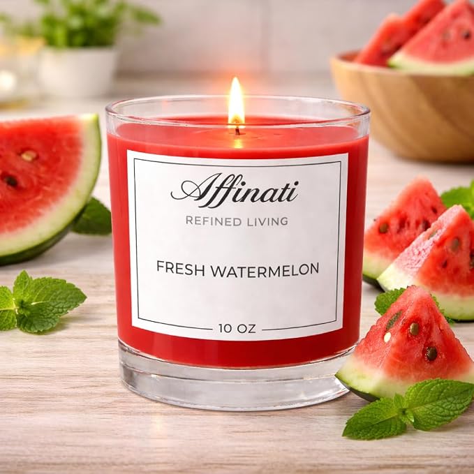 Fresh Watermelon Affinati 10 oz Scented Candle for Home – Long Lasting Fruity Soy Blend Candle with Wooden Wick, Strong Scent Throw Glass Jar Candles, Premium Clean Burning Aromatherapy Gifts