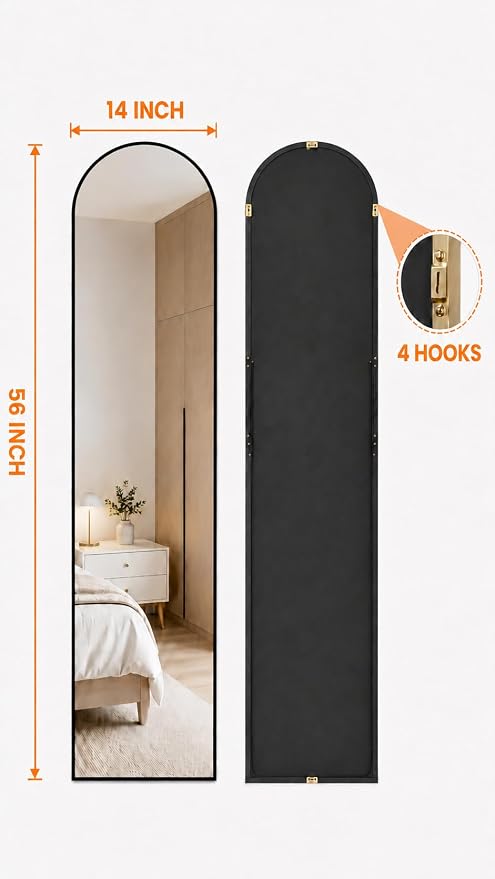 Antok 56" x14” Arched Full Length Floor Mirror, Black Aluminum Frame, Free Standing/Wall Mount/Leaning for Bedroom, Living Room, Dressing Room