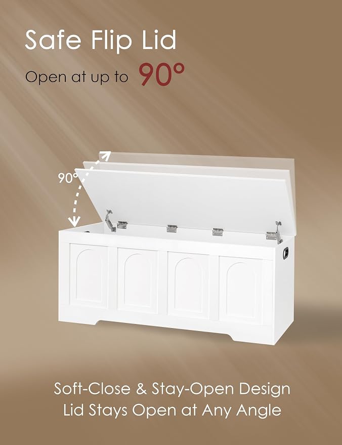 Storage Chest, Wooden Toy Box, White 47.2" L | Entryway Shoe Bench, 2 Soft-close Hinges, Finger-safe Flip-Top Lid, Easy Assembly, Farmhouse Large Trunk, Living Room/Bedroom