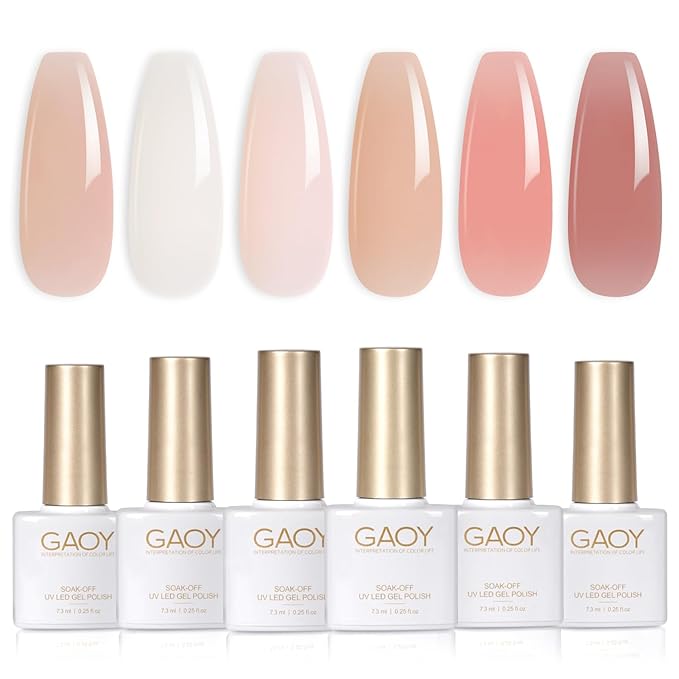 GAOY Milky Jelly Nude Gel Nail Polish Set, 6 Transparent Colors Sheer White Pink Soak Off UV Light Cure Gel Polish Kit for Salon and Nail Art DIY at Home