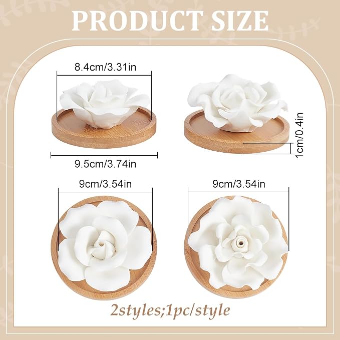 INFUNLY 2 Pcs Rose Essential Oil Diffuser Stone Plaster Scent Diffuser with Round Base 2 Style Roses Diffuser Stone Kit 3.7x3.7 Insertable Reed Rose Aromatherapy Stone for Desk Office Home Gift