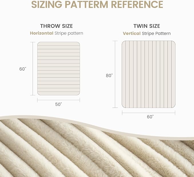 Cozy Bliss Faux Fur Throw Blanket for Couch, Cozy Warm Plush Striped Blanket for Sofa Bedroom Living Room, 108 * 90 Inches Beige