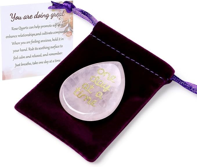 One Day at A Time Rose Quartz Thumb Worry Stone for Anxiety Crystals Hand Thumb Stones Pocket Thinking of You Gifts for women Inspirational Worry Stones for Stress Relief Sobriety Gifts for Her