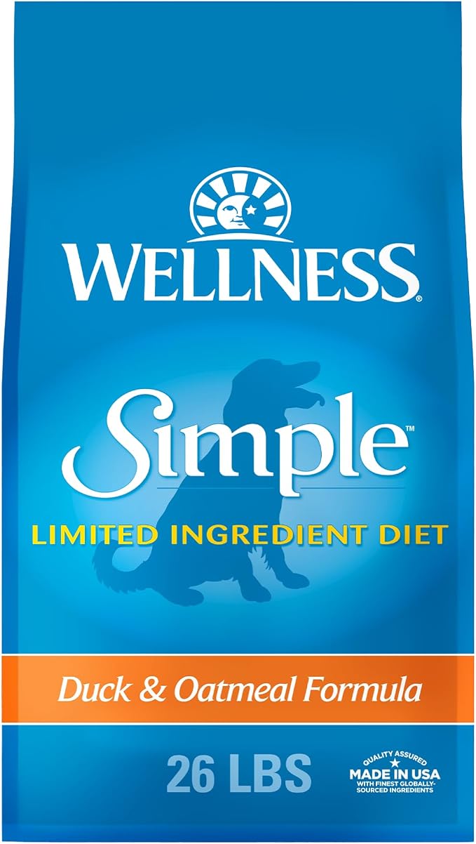 Wellness Simple Limited Ingredient Diet Adult Dry Dog Food, Wholesome Grain Kibble, Sensitive Stomach, Skin & Coat Support, Natural, Chicken Free, Duck and Oatmeal Recipe, 26 lb Bag
