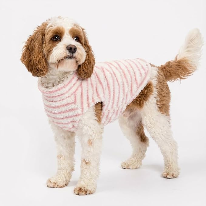 Fitwarm 2 Pack Striped Fleece Dog Sweater, Warm Winter Dog Clothes for Small Dogs Girl, Fuzzy Turtleneck Pet Outfit, Doggy Pullover Jumper, Rose Pink, White, Light Pink, XL