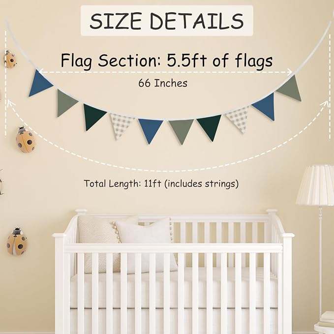 Boys Toddler Room Playroom Nursery Decor, Garland Triangle Banners Blue Grey,11Ft Vintage Warm Neutral Plaid Design Pennant Banner Bunting Flags Fabric for Baby Shower Birthday Party Wall Art