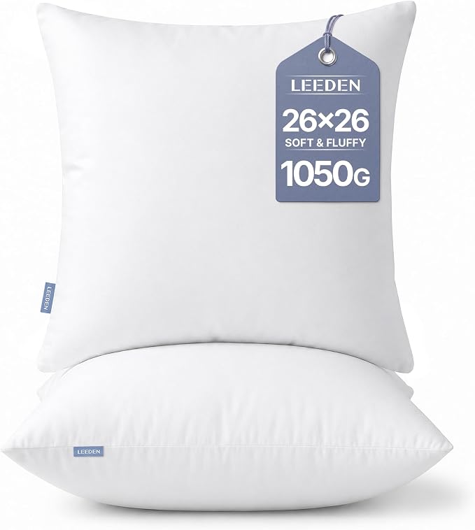 Leeden 26x26 Pillow Inserts, 26 Inch Decorative Throw Pillow Inserts, Soft Fluffy Square Throw Pillows for Couch, Sofa, Bed, and Home Decor White Pillows Pack of 2