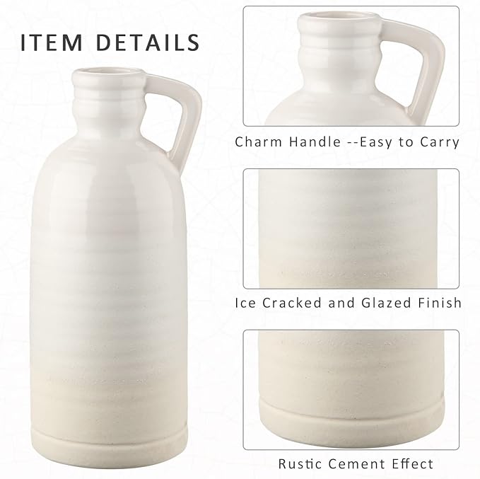 12.5" White Ceramic Vase for Home Decor Large Decorative Vase Boho Pottery Bud Vase for Flowers Rustic Farmhouse Tall Single Flower Vase for Centerpieces Pampas Grass