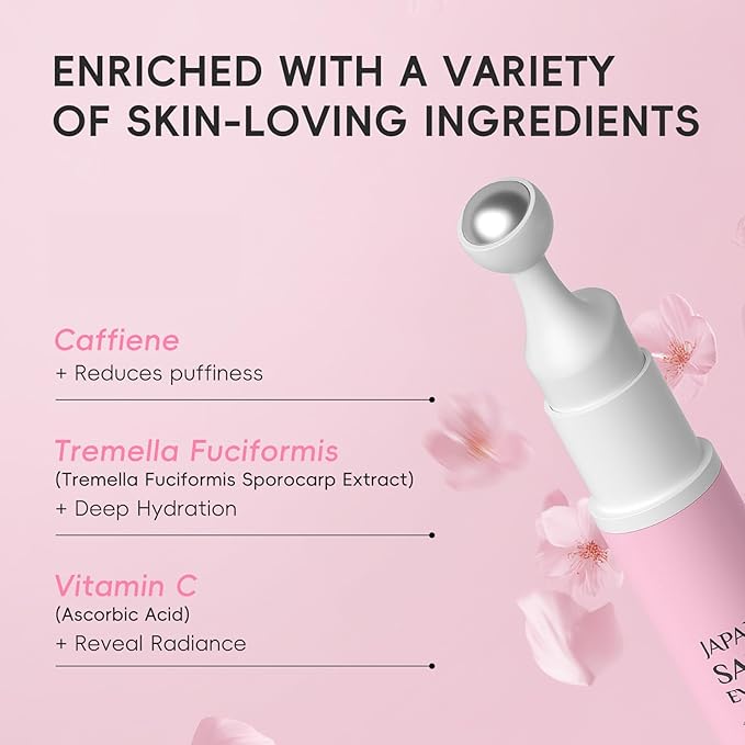 Sakura Eye Cream with 360° Cooling Massage Roller, Deep Hydration Serum with Caffeine+Vitamin C, Under Eye Cream Reduce Wrinkles, Fine Lines, and Bags, Dark Circles Under Eye Treatment, 0.53oz