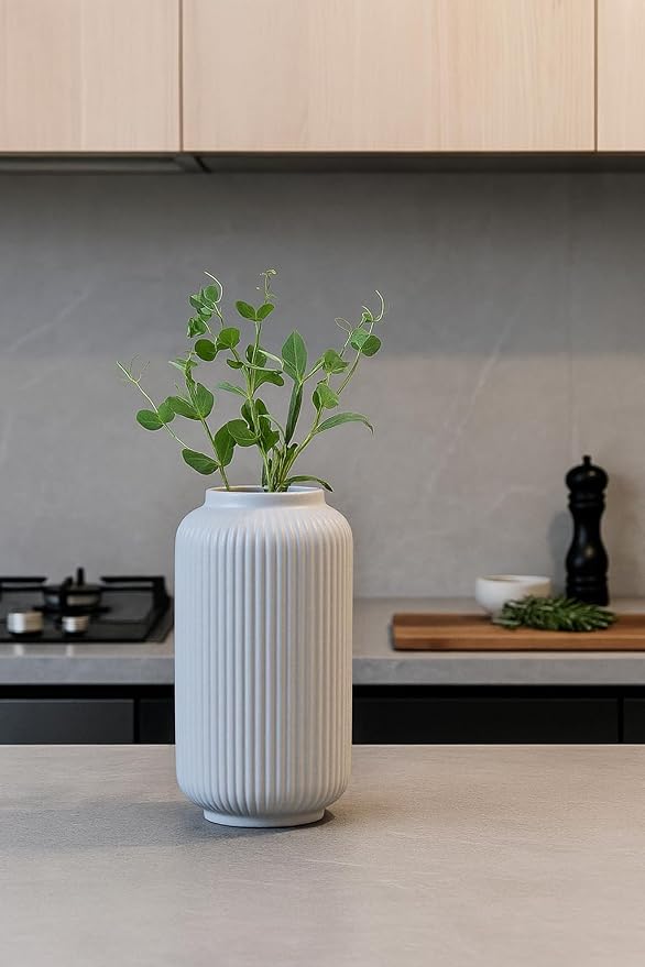 White Ceramic Vase, 8 Inch Modern Flower Vase for Bouquet and Pampas Grass, Matte Frosted Large Opening Decorative Vase for Farmhouse Table, Shelf Decor