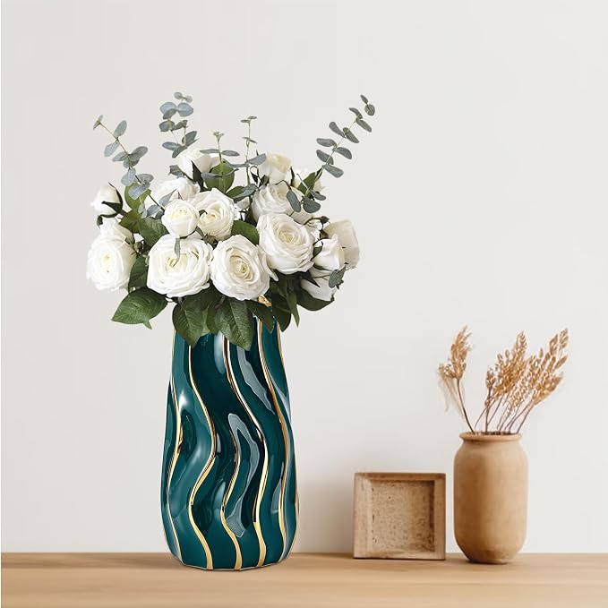 Ceramic Vase, Green Vase for Home Decor,Decorative Flower Vase, Vertical Stripe Ceramic Vases for Home Décor, Bedroom, Office, Living Room, Bathroom, Tabletop Decor, Centerpiece (Green)