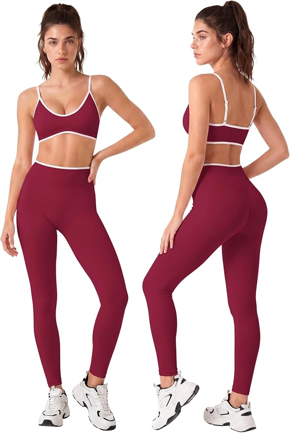 Workout Sets for Women 2 Piece Seamless Color Block Sports Bra Padded Scrunch Butt Lifting Leggings Matching Outfit
