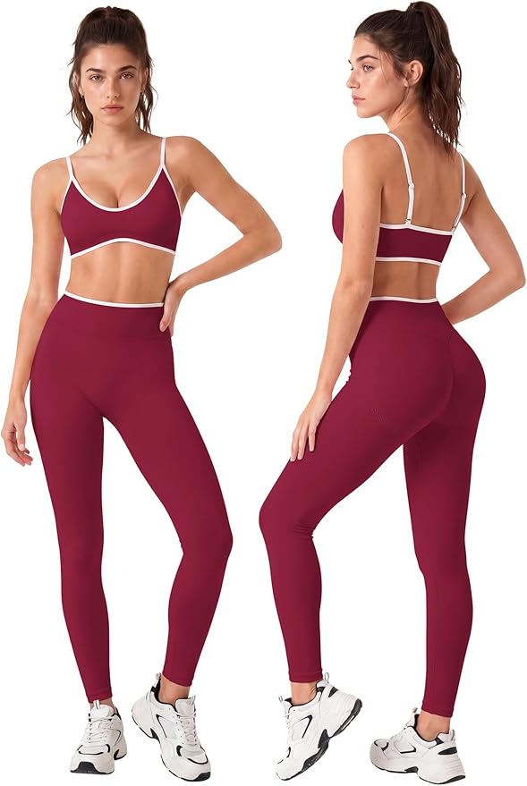 Workout Sets for Women 2 Piece Seamless Color Block Sports Bra Padded Scrunch Butt Lifting Leggings Matching Outfit