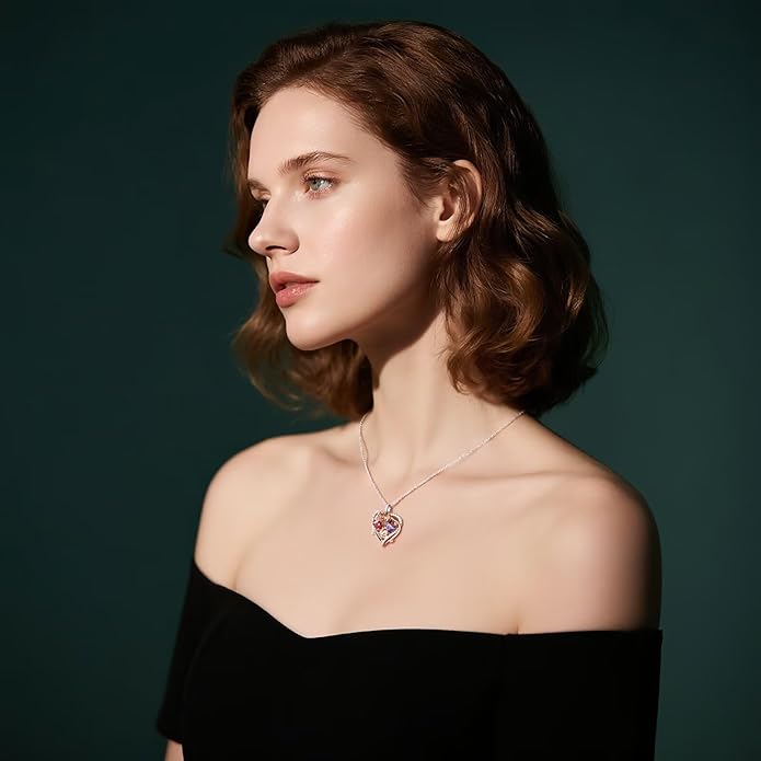 Iefil Valentines Gifts for Her Wife - 925 Sterling Silver Double Heart Birthstone Necklace, Anniversary Birthday Gifts for Women Wife Girlfriend