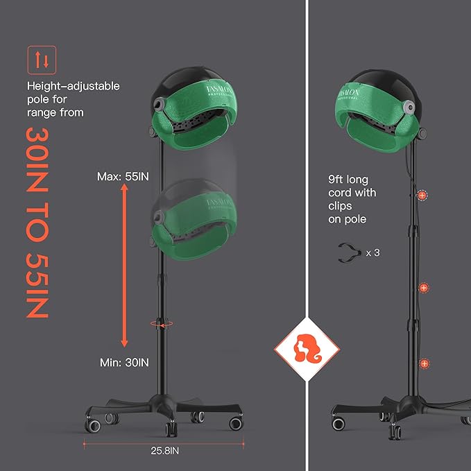 TASALON Professional Ionic Hooded 1875W Hair Dryer with 3 Temperature Settings, Transparent Glitter Visor, Side Switch, Rolling Wheels & Timer, Stand Blow Dryer for Salon, Spa and Home Use - Green