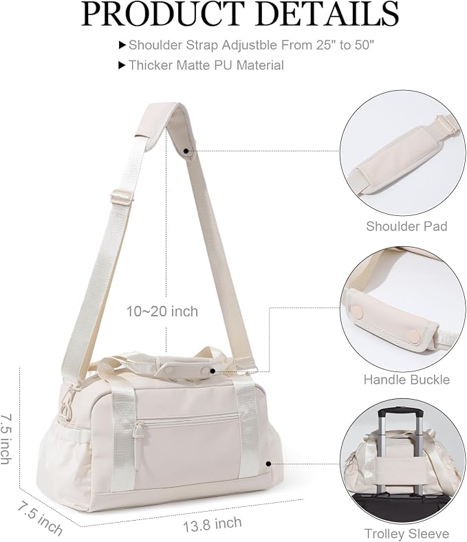 Bucosd Small Gym Bag for Women, Mini Crossbody Gym Duffle Bag with Wet Compartment, Carry on Gym Tote Bag for Workout Dance Sport Travel (Medium-Beige)