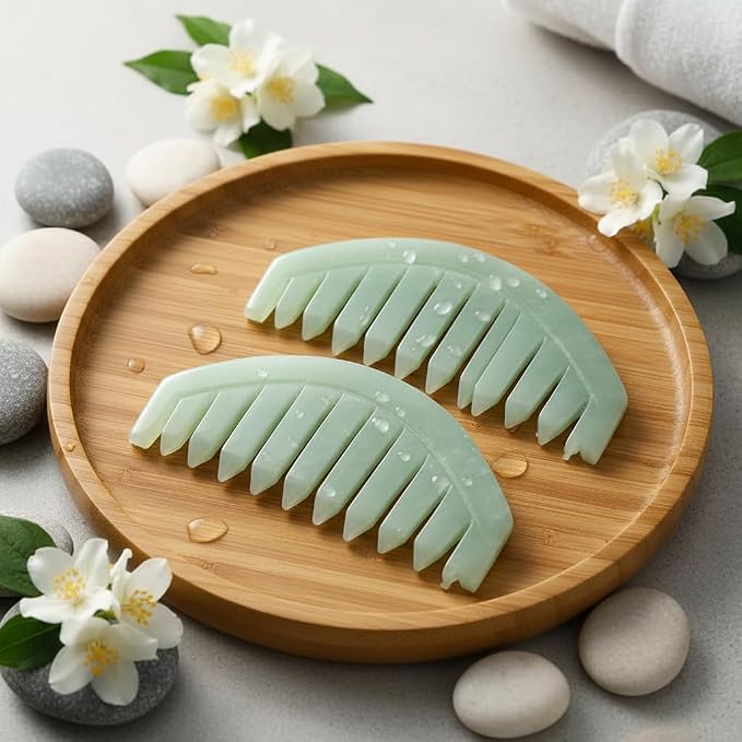 2Pcs Nature Jade Stone Massage Comb,Traditional Natural Jade Massager Acupuncture Head Therapy Trigger Point Treatment On Head Gua Sha Board Manual Scalp Massagers Massage Tools