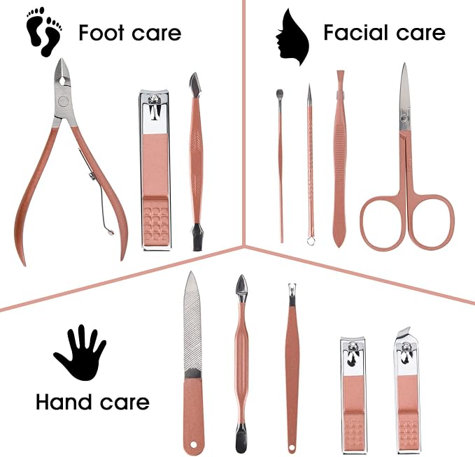Nail Clippers & Beauty Tool Portable Set, Rose Gold Manicure Set, 12 in 1. | Martensitic Stainless Steel, Pink Leather Bag, Suitable for Home, Workplace, Outdoor Travel, Gift Giving, Salon.