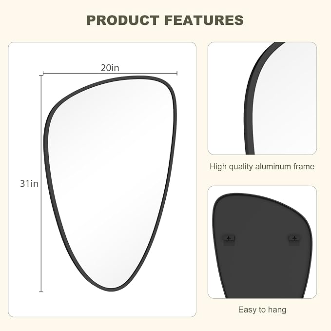 Asymmetrical Mirror, Irregular Wall Mirror, Wall Mirrors Decorative for Bedroom Living Room entryway Hall, Wall Mirror for mid Century Modern Decor 31" H x 20" W, Black