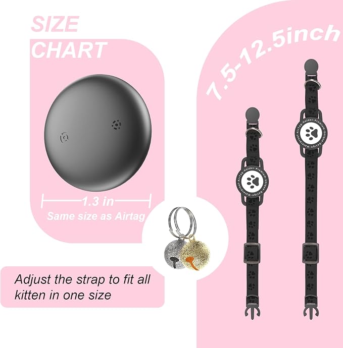 GPS Cat Tracker Collar (iOS & Android), No Month Fee GPS Dog Tracker Black | Mini Bluetooth Smart Anti-Lost Pet Finder Tag Works with Apple Find My & Google Find Hub