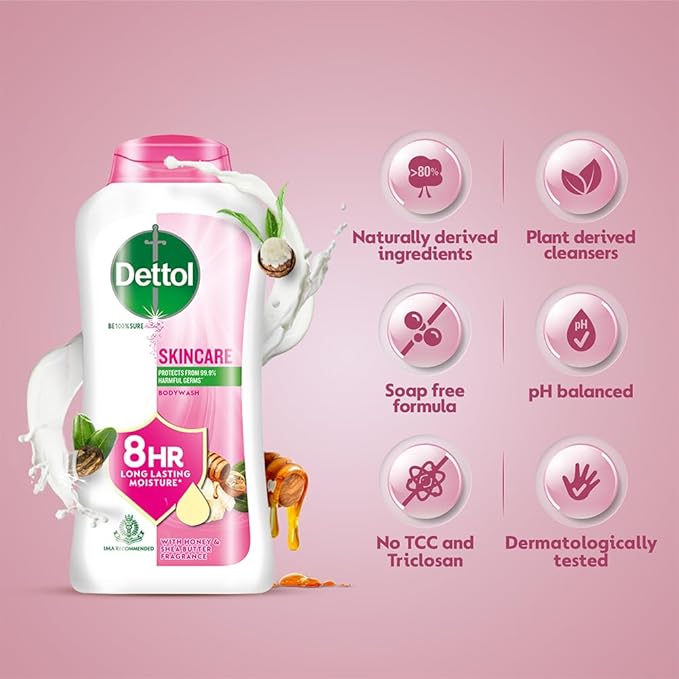 Dettol Skincare Body Wash and Shower Gel for Women and Men, 250ml | Soap-Free Bodywash | 8h Moisturization