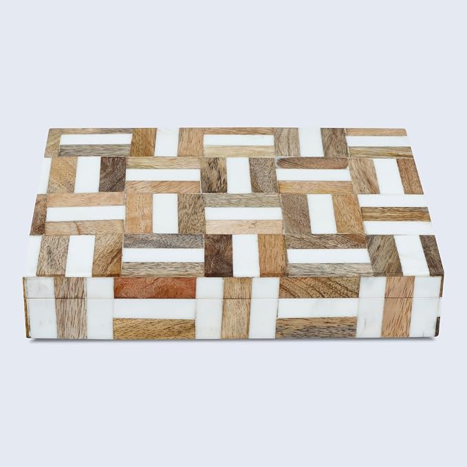 Handicrafts Home White Decorative Storage Box with Lid Wooden Desk Organizer Box Office Storage Box for Workspace Desk Decor Organizer – Resin Inlay Marquet Chase Collection - 6x8x1.5