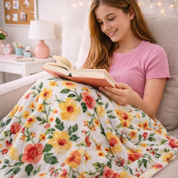 Spring Velvet Fleece Floral Throw Blanket: Golden Meadow of Pink Yellow Green Flowers on a Colorful Soft Cozy White Design, Oversized 50" x 70"