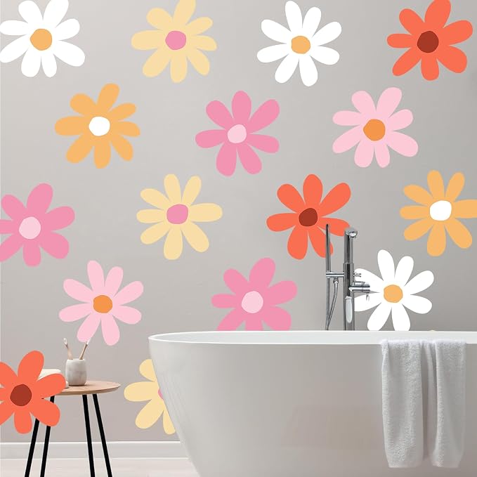 TaoBary 12 Sheet Daisy Wall Sticker Decal,Bright Color,Minimalist Style | Big Flower Wall Sticker, Pink White Floral Decal, Daisy Bedroom Room Decor, Removable Peel and Stick, Nursery Home Wall Decor