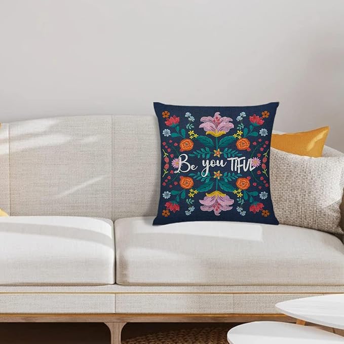 Littlefa Inspiring Gifts Colour Retro Flower Throw Pillow Cover Retro Flower Cushion Cover Decorative Pillowcase Living Room Bedroom Decor for Girls Friends Daughter Niece Women - Be You Tiful