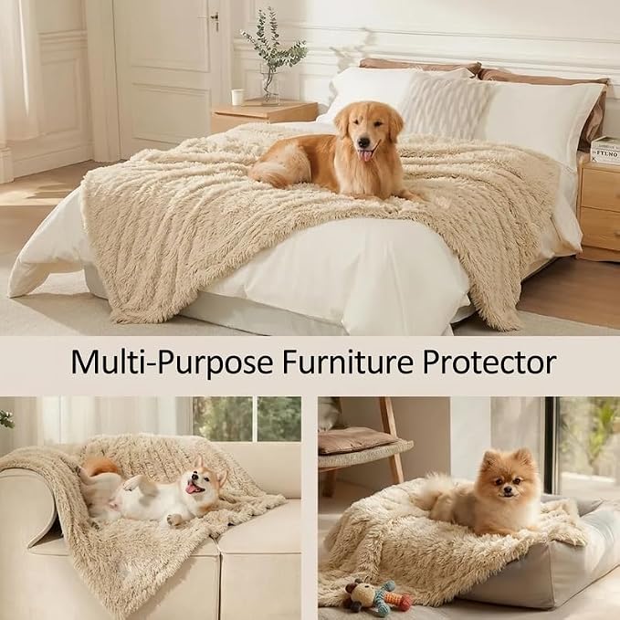 Waterproof Dog Blanket Pet Throw Blankets Fluffy Long Faux Fur Reversible Puppy Blankets 85x57in Furniture Protector Cover for Sofa Bed Couch Bed Cover Washable for Dogs Cats (Beige XL)