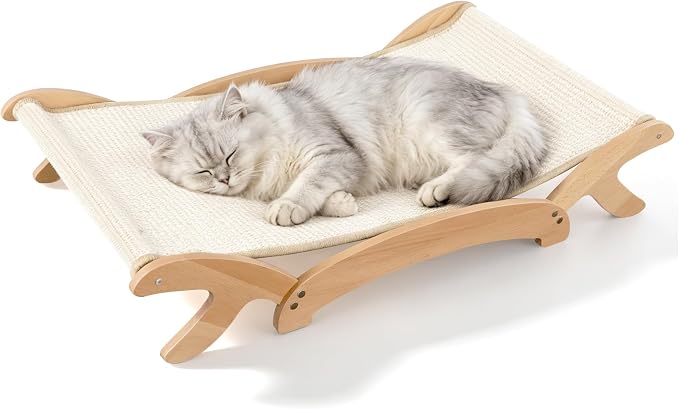 ANWA Cat Scratcher Bed for Indoor Cats, 26.4" Large Natural Sisal Scratchers for Cats with Solid Wood Frame, 2-in-1 Cat Scratch Pad Bed Combo, Cat Couch Lounger and Hammock, Easy Assembly