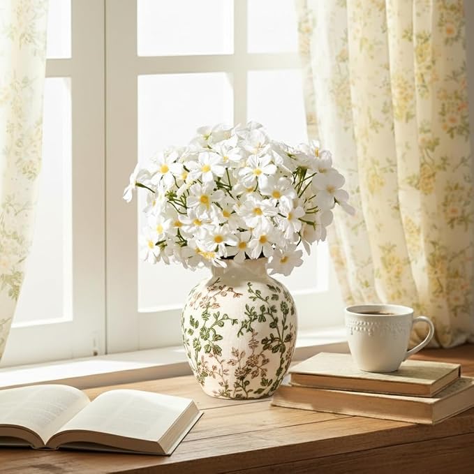 SIDUCAL Ceramic Green and Beige Antique Vase, 5.83 Inch Retro Ice Cracked Chinoiserie Floral Vase, Rustic Farmhouse Vases for Home Decor, Bookshelf, Office, Garden, Chinoiserie Decor, Tuscan Decor