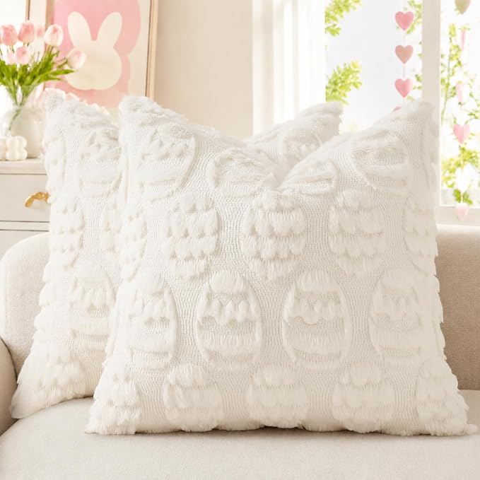 decorUhome Cream White Faux Fur Egg Throw Pillow Covers 18x18 Set of 2 | Plush Soft Wool Jacquard Cream White Cushion Covers, Modern Farmhouse Easter Holiday Decor Pillow Covers for Couch Sofa Bed