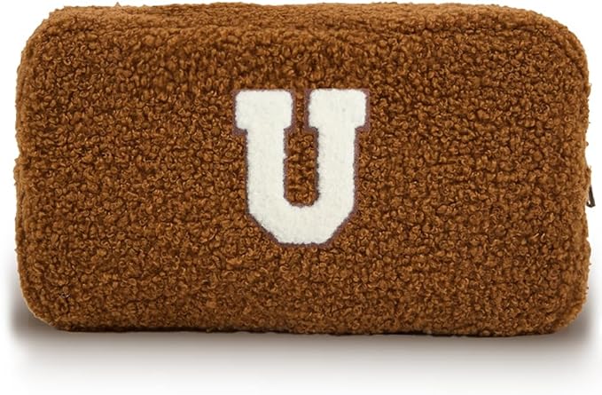 Cute Makeup Bag, Initial Cosmetic Bag, Fuzzy Makeup Bags for Women, Brown Makeup Pouch with Chenille Letter, Monogrammed Gifts for Women, Brown U