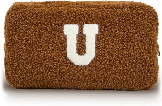 Cute Makeup Bag, Initial Cosmetic Bag, Fuzzy Makeup Bags for Women, Brown Makeup Pouch with Chenille Letter, Monogrammed Gifts for Women, Brown U