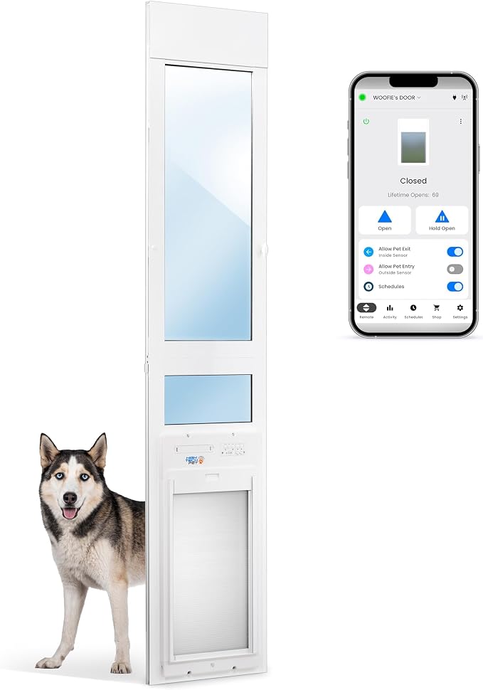 Power Pet Automatic ROLL UP Door by High Tech Pet Brand - Motorized Panel Rolls Up - Pet Operated - Remote App Control - 24/7 Exit & Entry Timers (Large Patio Regular - 75-80¼,)