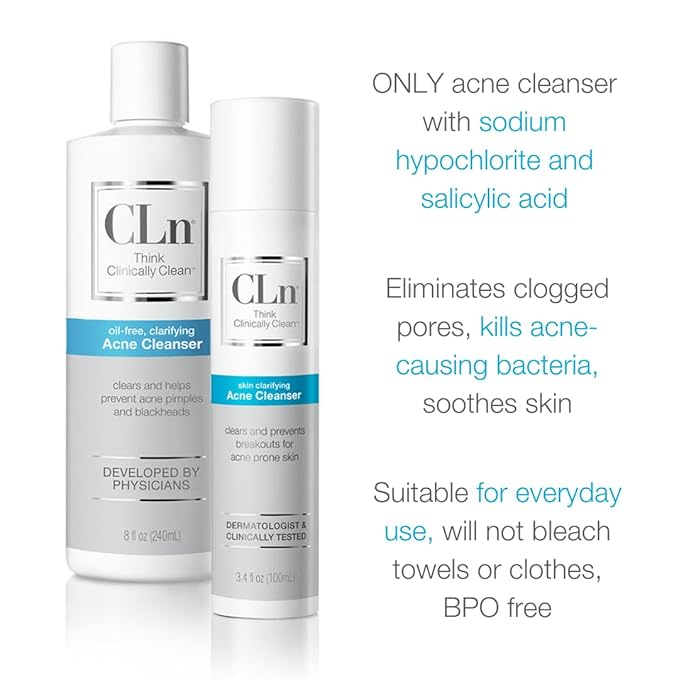 CLn® Acne Cleanser-The Only Cleanser with 0.5% Salicylic Acid Preserved with Sodium Hypochlorite for Clarifying Skin from Blackheads & Breakouts, Oil-Free & Fragrance-Free, 8 fl oz (Pack of 2)