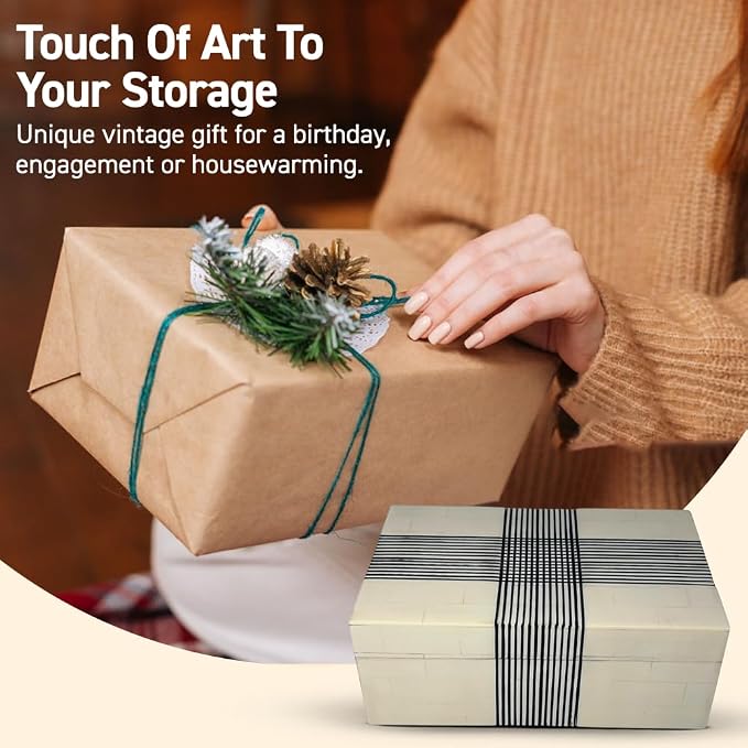 Perilla Home ﻿Home Decor Decorative Storage Wooden Box Small Wooden Organizer Tool Stash Card Craft Trinket Memory Keepsake Jewelry Box for Men and Women, Thin Line, Gifts For All Black & Off White
