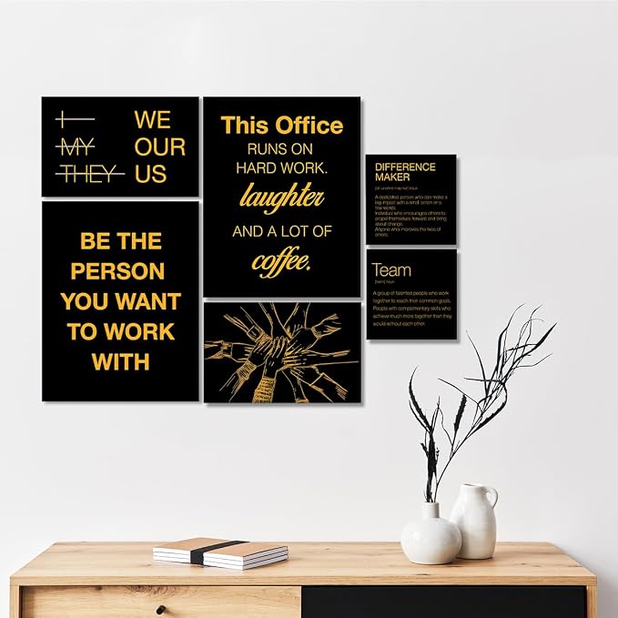 YEOION Motivational Office Wall Art,Inspirational Teamwork Wall Art for Office,Black and Yellow Positive Teamwork Wall Decor for Workplace Set of 6