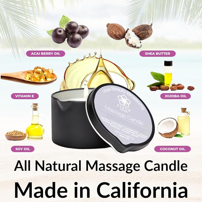 FLEUR DE SPA Massage Oil Candle – 6oz with Pour Spout – Made in USA – All Natural Coconut & Soy Blend – Melts to Warm, Alluring & Hydrating Body Oil – Perfect Spa & Gift Candle (Leather)