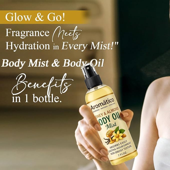 Aromatico Honey & Almond Body Oil Mist for Women – 7 fl oz | Lightweight, Non-Sticky, Spray-on formula for Daily use After Shower | Moisturized, Soft, Glowing Skin | Cozy Honey & Almond Scent