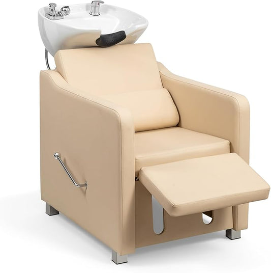 Winado Shampoo Backwash Barber Chair with Ceramic Hair Wash Bowl Sink, Adjustable Leg Baffle, Reclining Shampoo Station Chair for Barbershop Beauty Spa Massage Hairdressing Equipment, Beige