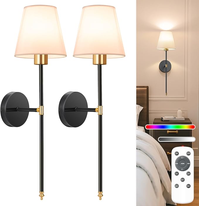 Battery Operated Wall Sconce Set of 2,Gold-Black Rechargeable Wall Lights with 10400mAh Dimmable Bulbs and Remote,9 Colors Wireless Wall Lamps for Bedroom Living Room Hallway Decor