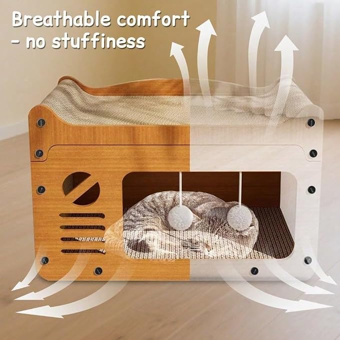 3-in-1 Scratcher Cat House – Save Your Furniture Combines Play Cave, Cozy Bed & Scratching Pad. Durable Cardboard, Reduces Stress. Ideal for Indoor Cats Who Love to Scratch, Play & Nap (MD-TV)