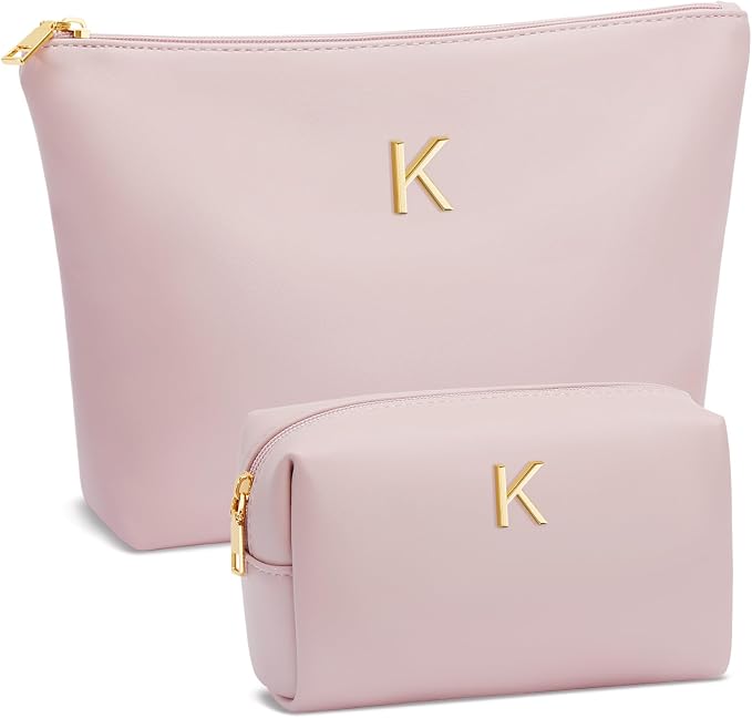 Women Gifts | Initial Makeup Bag for Girl Personalized Gifts for Bridesmaid Friend PU Leather Cosmetic Travel Toiletry Bag(Pink,K)