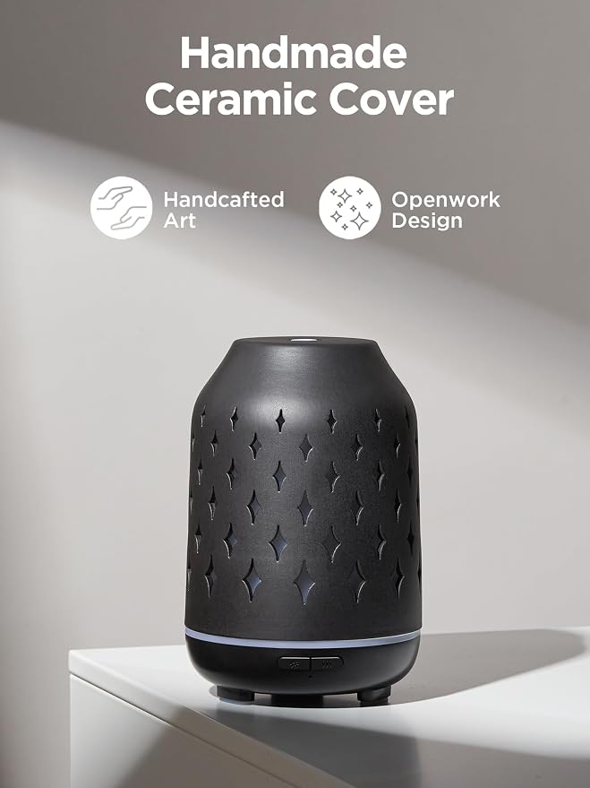 InnoGear Aromatherapy Diffuser, 150ml Ceramic Diffuser Ultrasonic Humidifier Cool Mist Essential Oil Diffusers for Home Air Diffuser with 2 Mist Modes Waterless Auto Off, Black