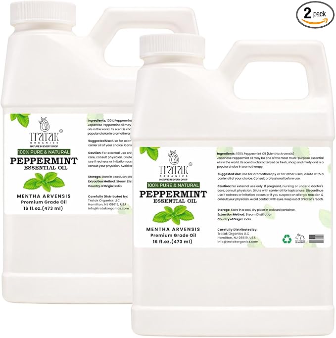 Peppermint Essential Oil, 2 Pack, 16 Fl Oz Each, 100% Pure and Natural, Bulk Oil for Diffusers, DIY, Cleaning, White Plastic Jugs