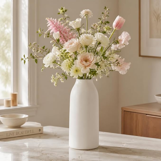 hjn 12 Inch White Ceramic Vase for Flowers, Matte Tall Modern Vase for Decor Minimalist Flower Vase for Home Decor Living Room Tabletop Centerpiece